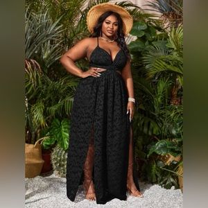 SHEIN SXY Plus Tie Backless Split Thigh Applique Floral
Jacquard Dress